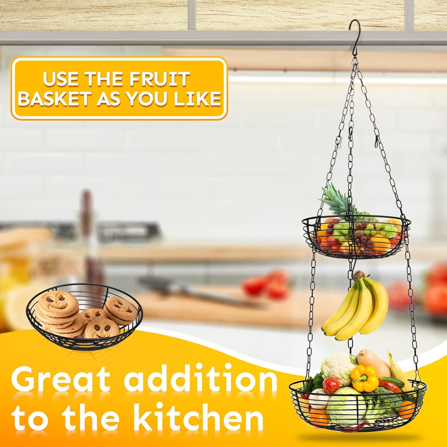 HULISEN 3 Tier Hanging Fruit Basket with Banana Hook, Heavy Duty Wire Hanging Baskets for Kitchen
