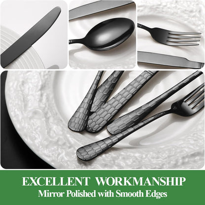 20 Pcs Black Silverware Set for 4 with Water Cube Handle design, Food Grade Stainless Steel