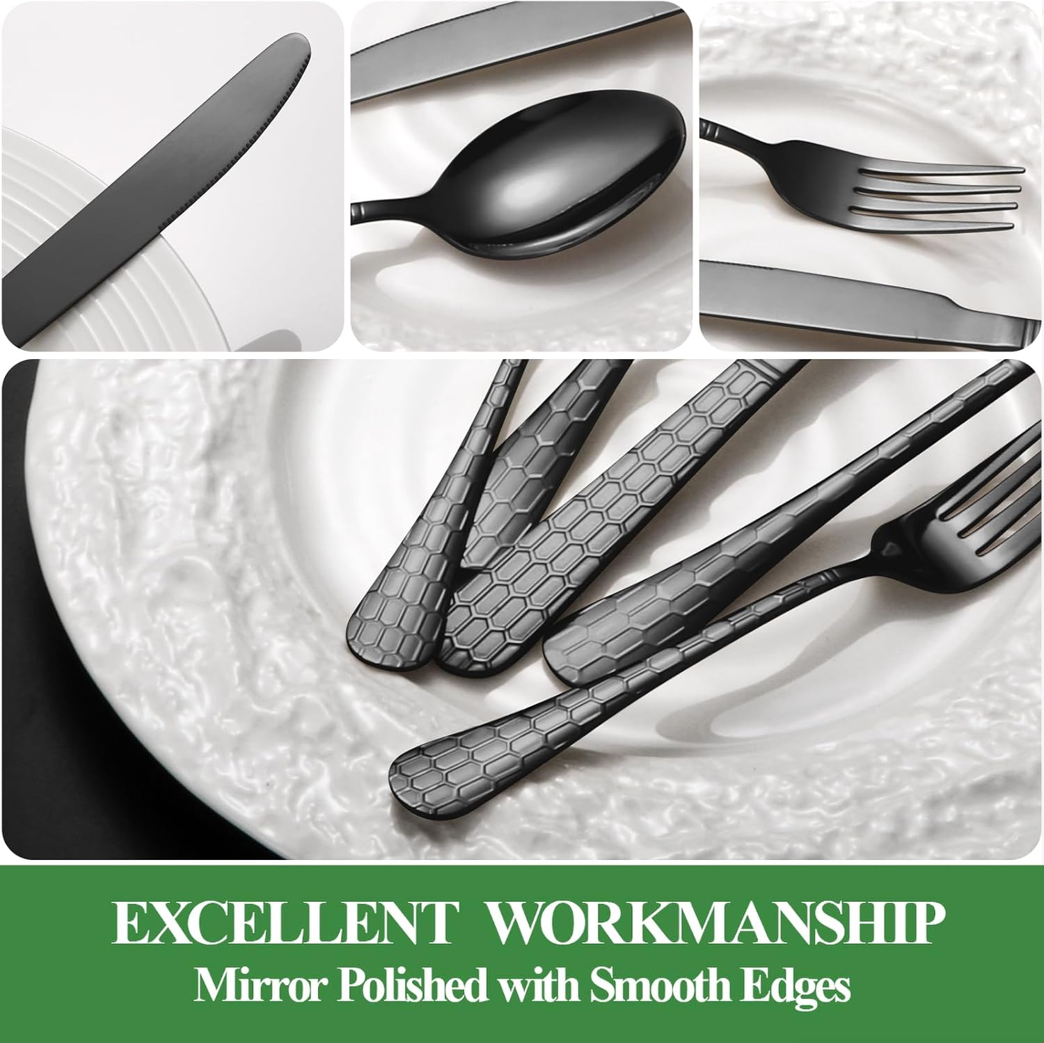 40 Pcs Black Silverware Set for 8 with Water Cube Handle design, Food Grade Stainless Steel