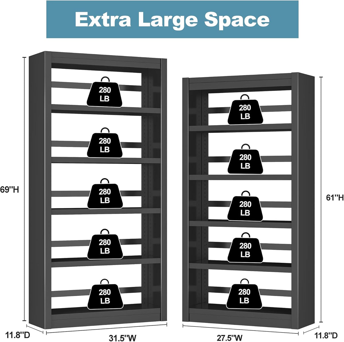 Bookshelf, 5-Tier Sturdy Bookcase, Adjustable Book Shelf, Large Capacity per Shelf, Modern Book