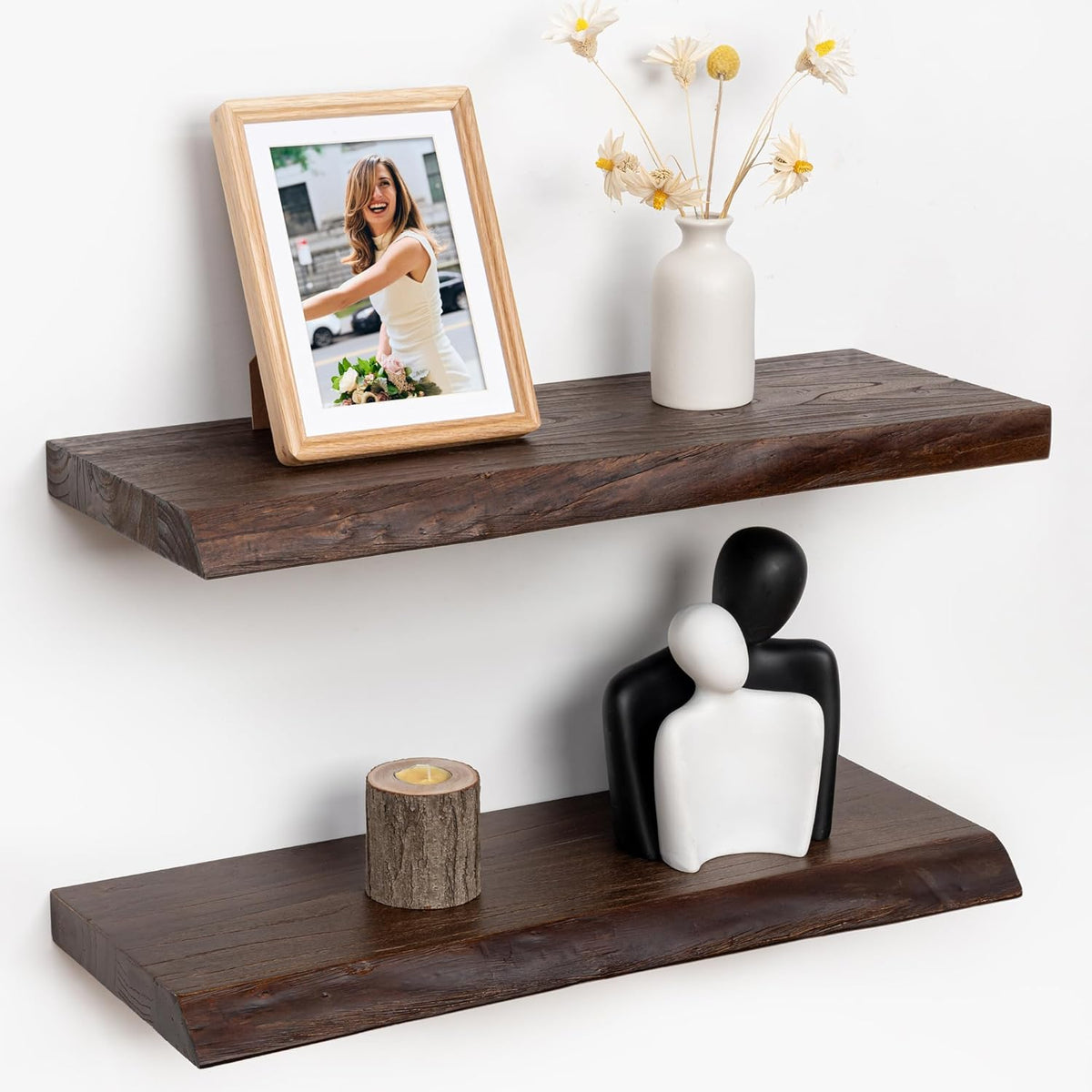 RICHFOCUS Live Edge Elm Floating Shelves - 24" W x 9.3" D Rustic Solid Wood Wall Shelves with