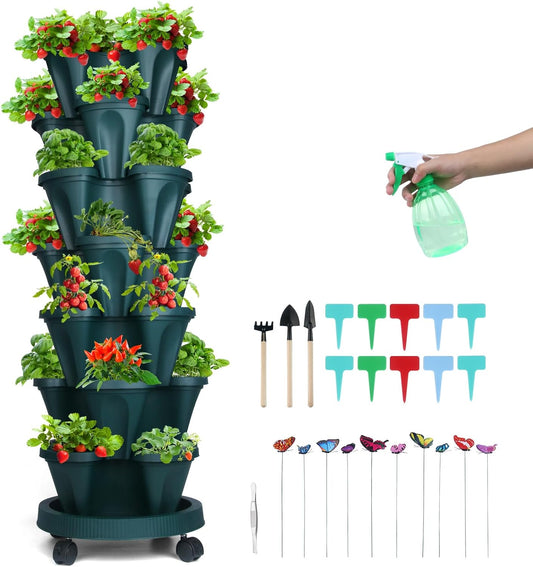 Vertical Planter, 7 Tier Stackable Strawberry Planter with Garden Tool Set, Movable Indoor/Outdoor
