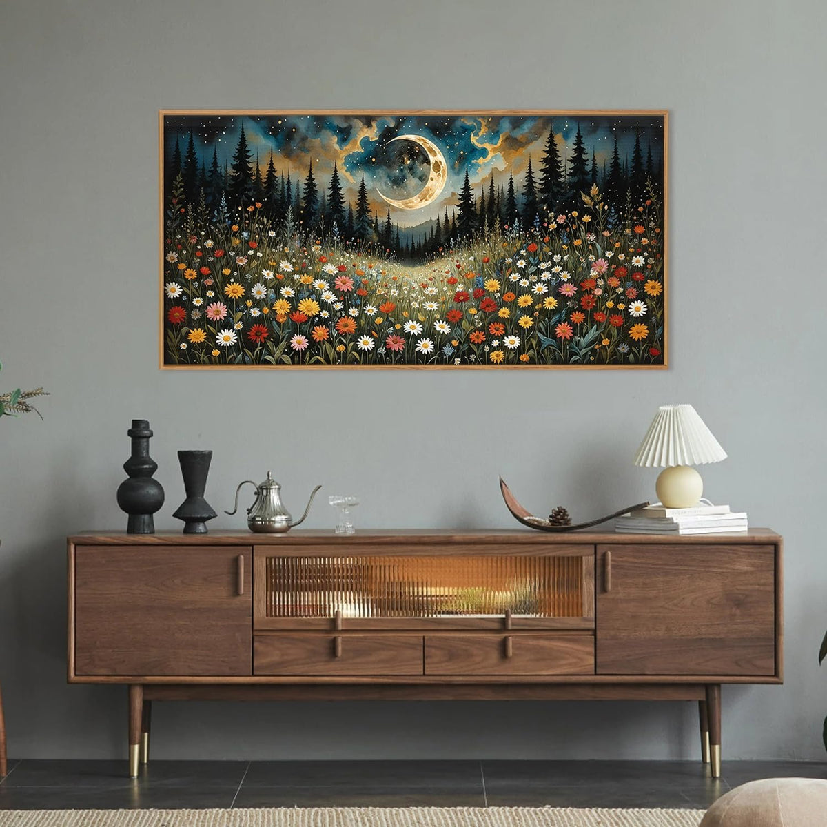 HPINUB Wildflower Moon Pine Tree Framed Canvas Wall Art Set,Nature Forest Wall Decor,Mystical