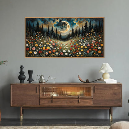 HPINUB Wildflower Moon Pine Tree Framed Canvas Wall Art Set,Nature Forest Wall Decor,Mystical