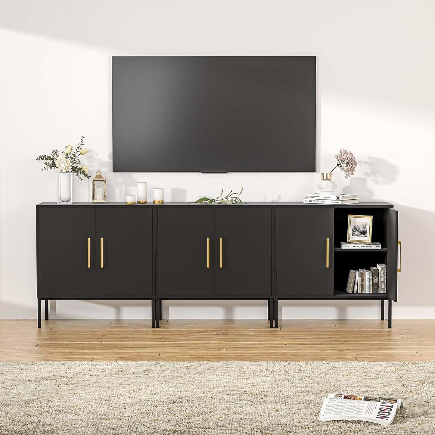 LYNSOM TV Stand for 85 Inch TV, Media Entertainment Center Console Table, 3 Cabinets, TV Console
