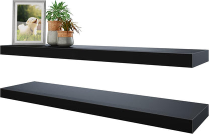 BAMEOS Floating Shelves, 31W x 8D Black Wall Mounted Wooden Shelves with Invisible Brackets Set of