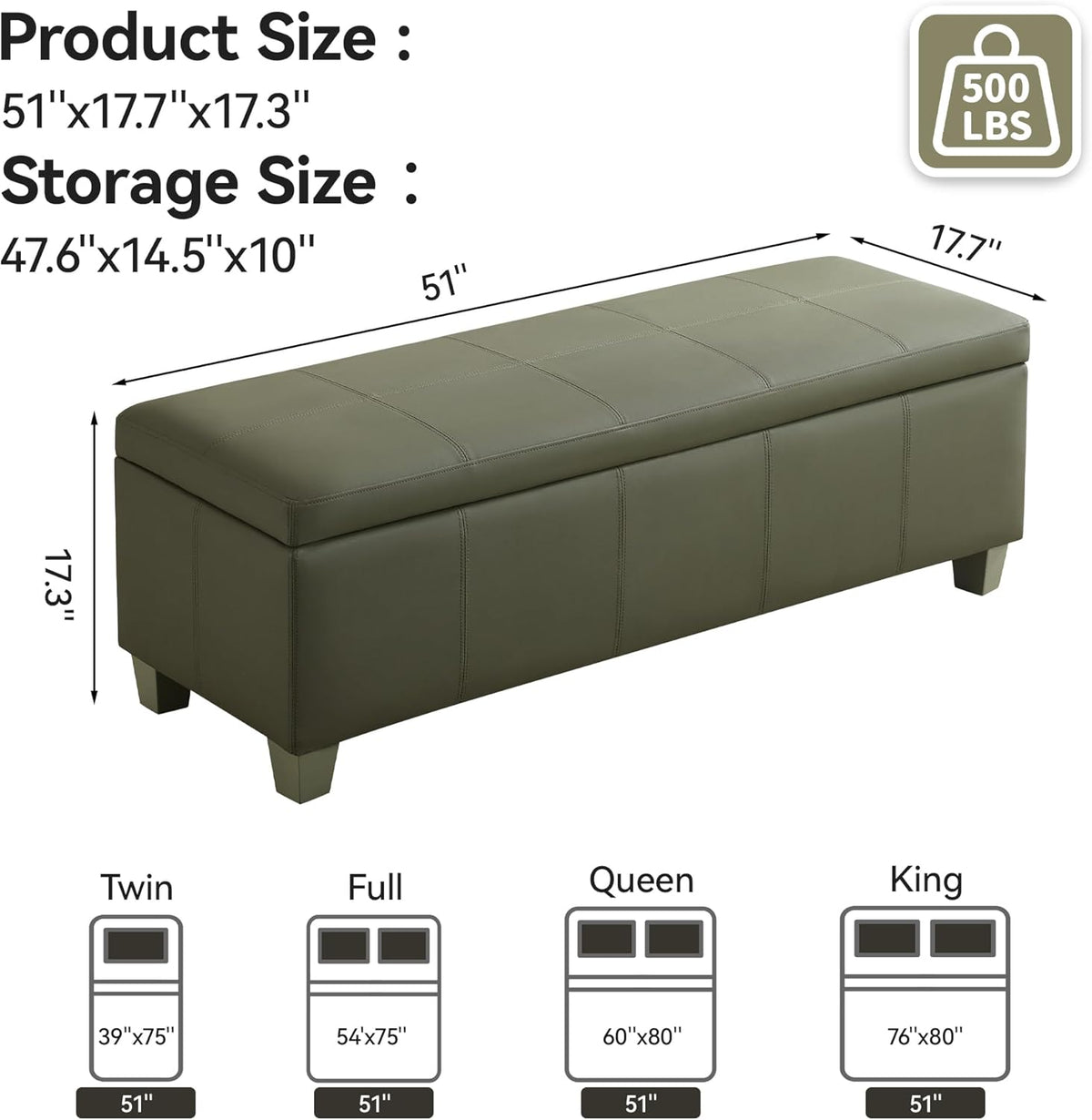 51" Faux Leather Storage Ottoman, Stitch Tufted Rectangle Upholstered End of Bed Storage Bench