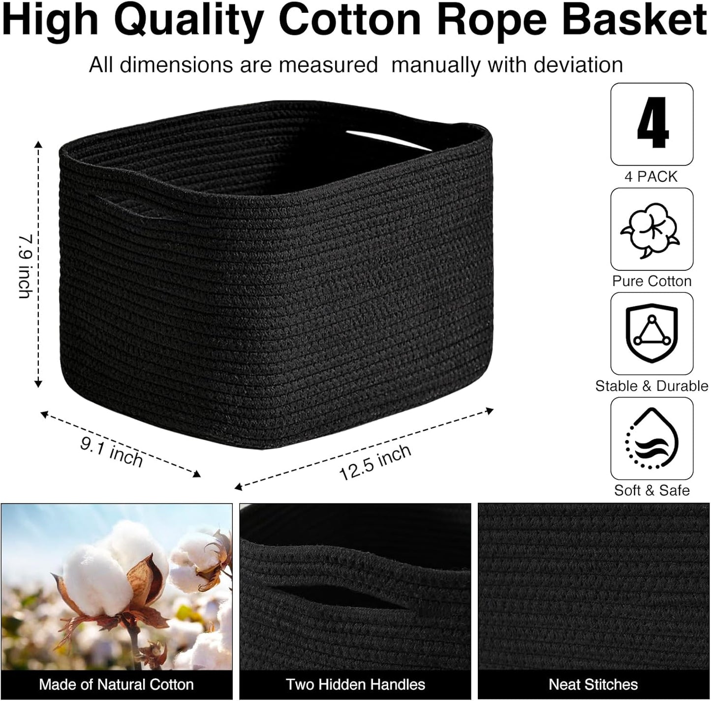 Black Storage Baskets for Shelves, Small Storage Baskets for Organizing, Woven Cotton Rope Baskets