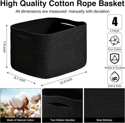 Black Storage Baskets for Shelves, Small Storage Baskets for Organizing, Woven Cotton Rope Baskets