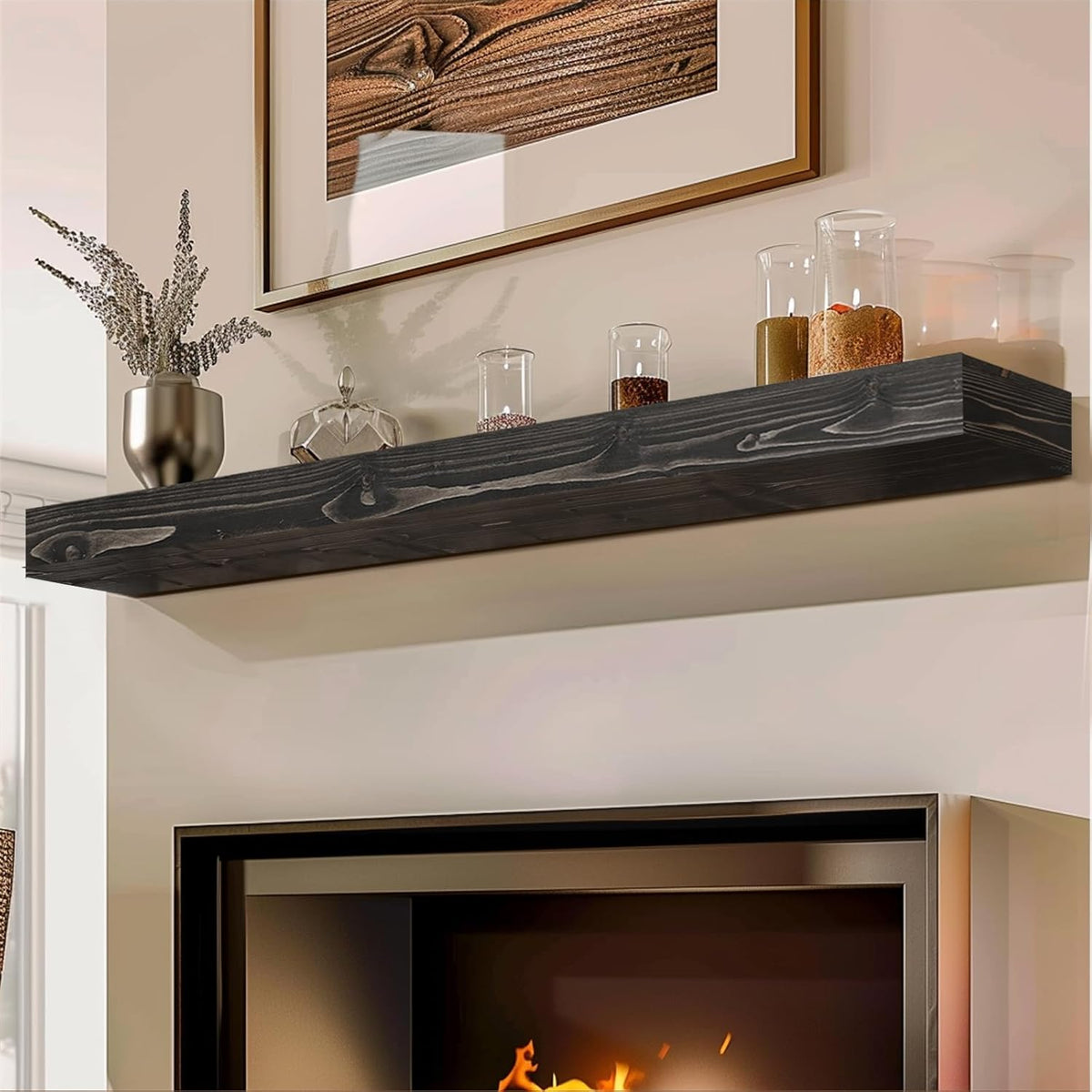 56x8x3 Fireplace Mantel - Handcrafted Hollow Rustic Solid Wood Wall Mounted Floating Shelf with
