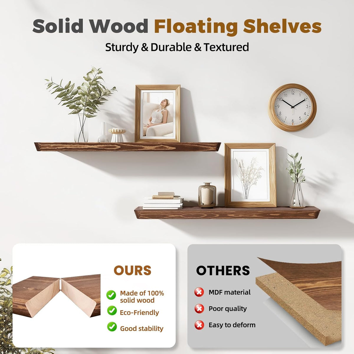 36"x6.8"x1.6" Slanted Floating Wall Shelves 2-Pack - Rustic Brown Finish, Heavy-Duty Solid Wood