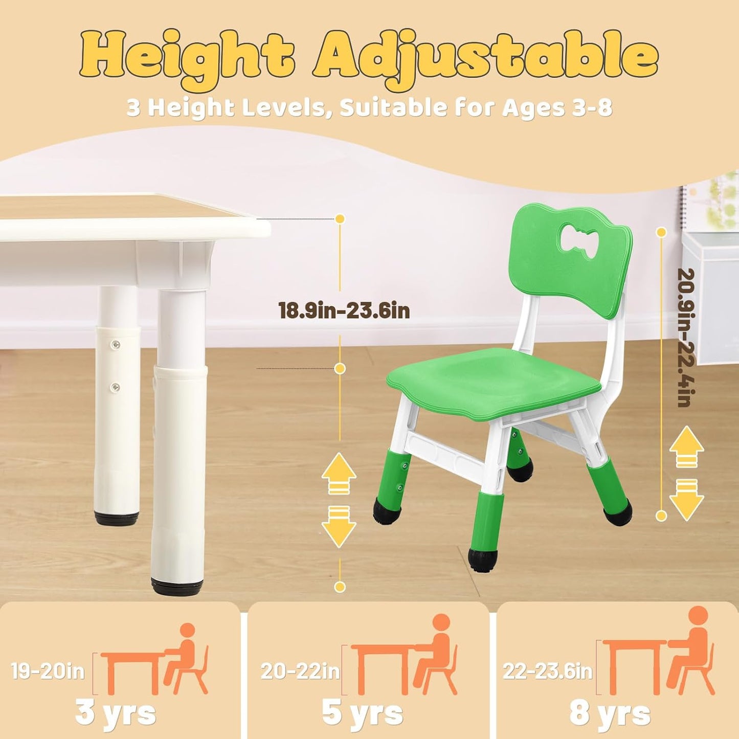 FUNLIO Kids Table and 4 Chairs Set for Ages 3-8, Height Adjustable Toddler Table and Chair Set