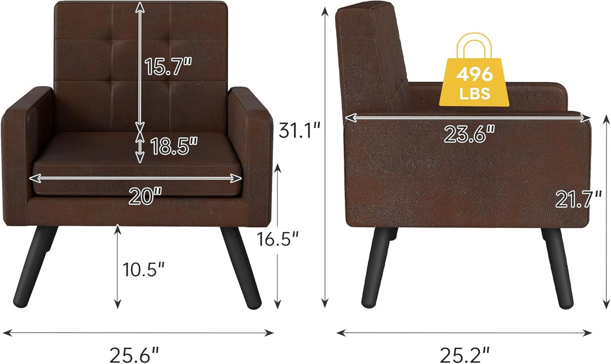 Kromax Mid-Century Modern Accent Chair for Living Room, 496 Lb. Weight Capacity, Dual Armrests