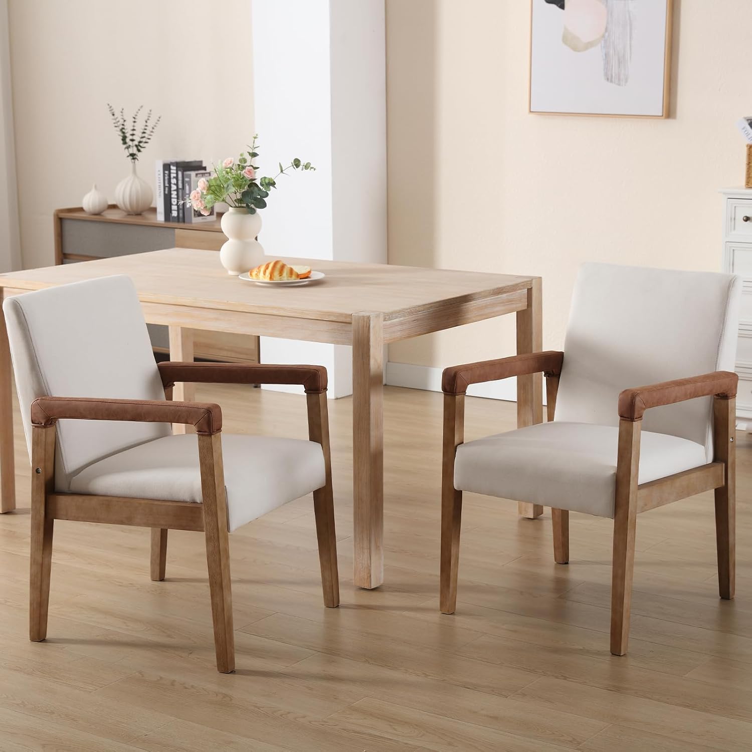 Kmax Modern Dining Chairs Set of 4 Linen Fabric Kitchen Arm Chairs Upholstered Accent Chairs with