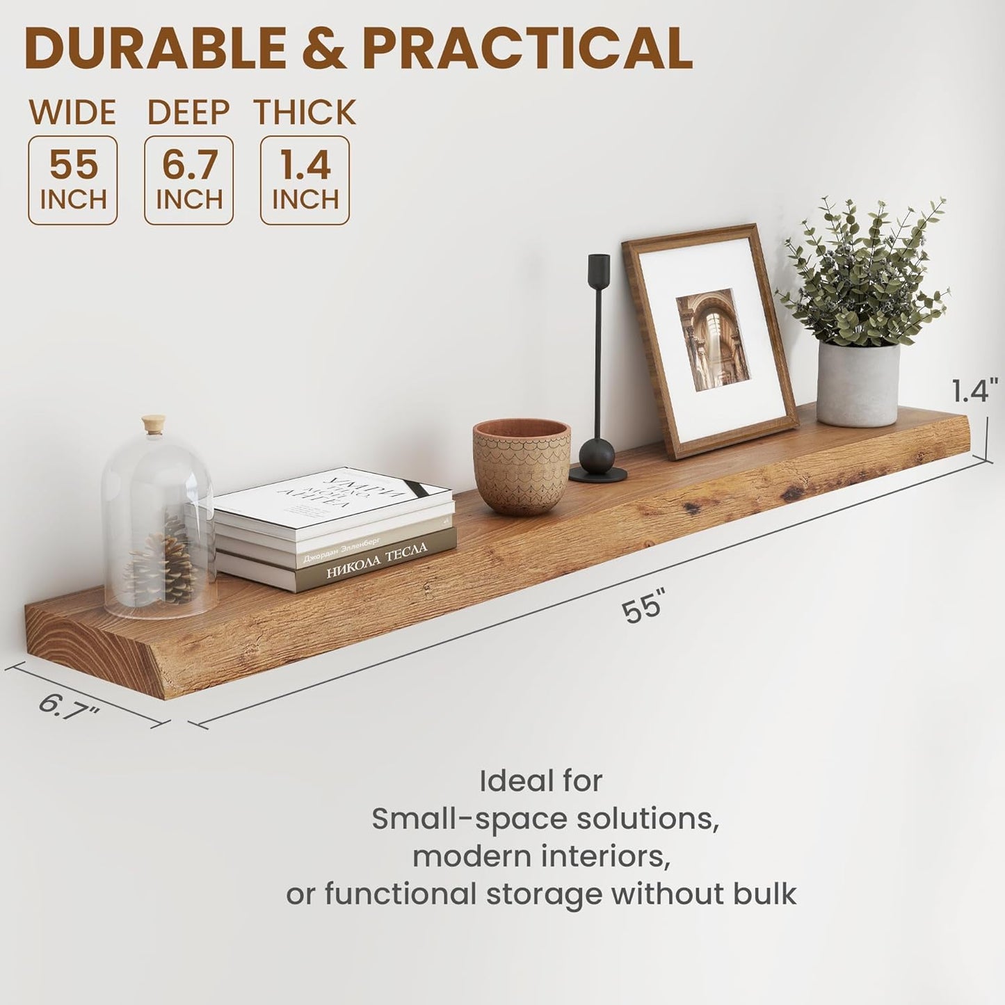 55" Floating Shelves, Live Edge Elm Wood Floating Shelf for Wall, Wall-Mounted Display Shelves with
