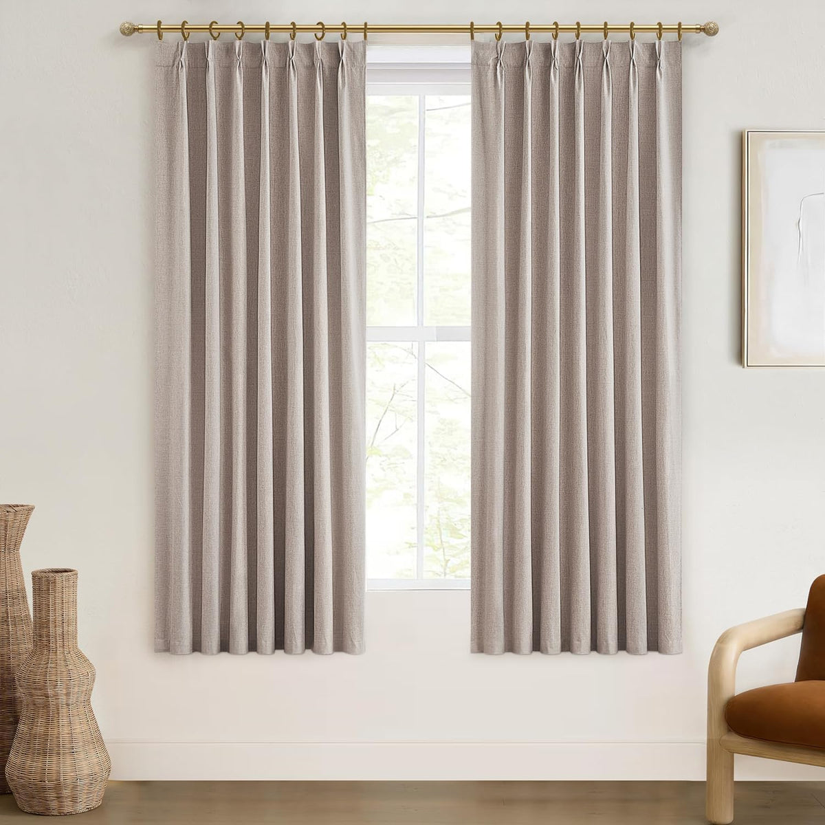 Textured Thick Burlap Cafe Small Window Curtains 45 Inch Length, Boho Farmhouse Pinch Pleated