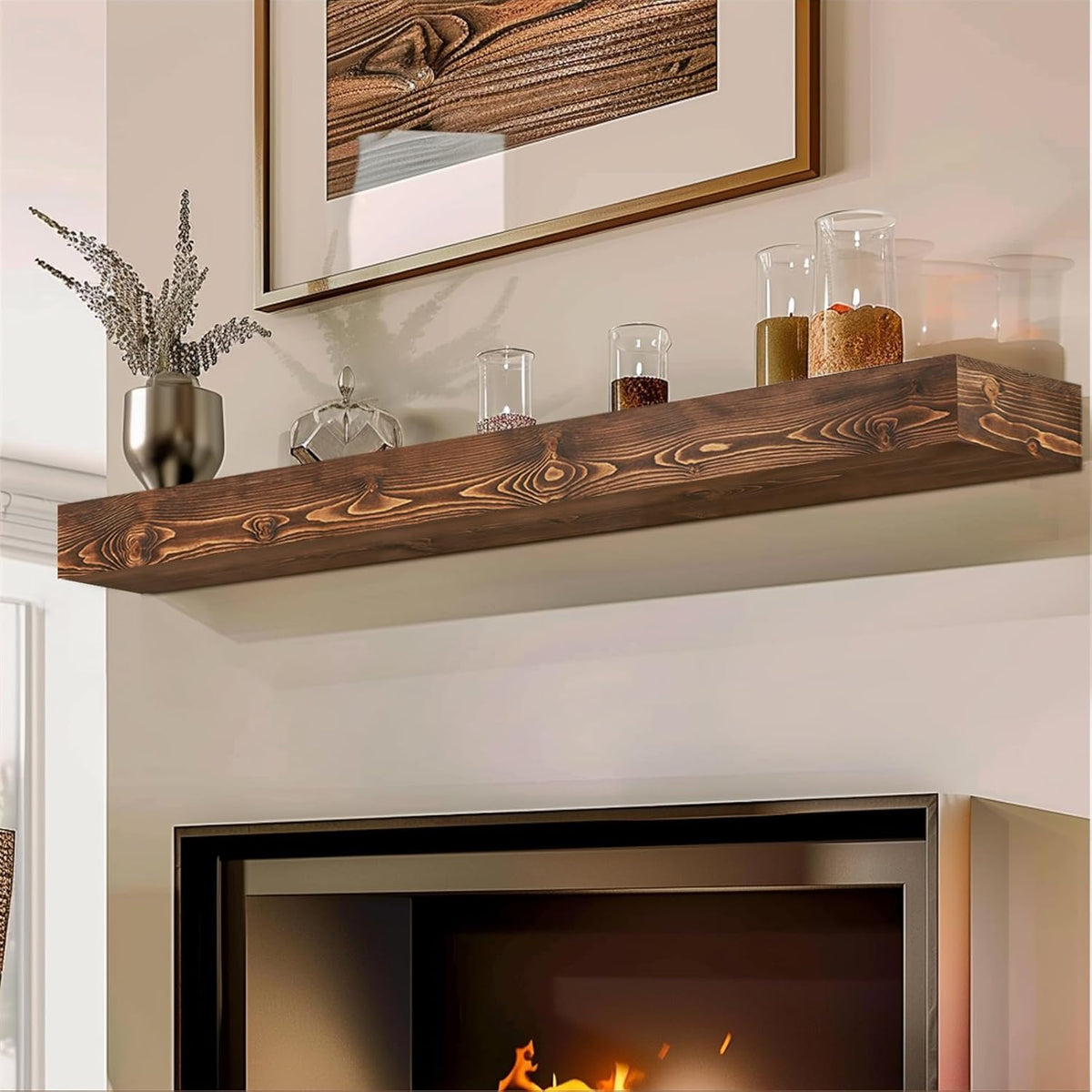 56x8x3 Fireplace Mantel - Handcrafted Hollow Rustic Solid Wood Wall Mounted Floating Shelf with