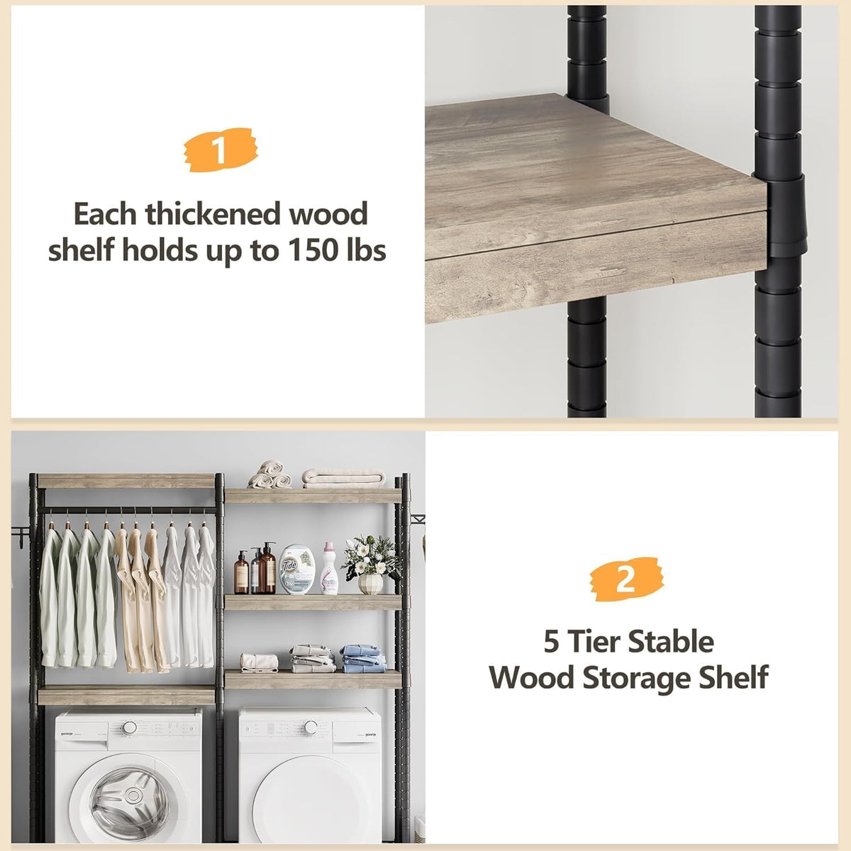 CABIHOME 5-Tier Over-The-Washer Shelf - Adjustable Height Laundry Organizer Space Saver