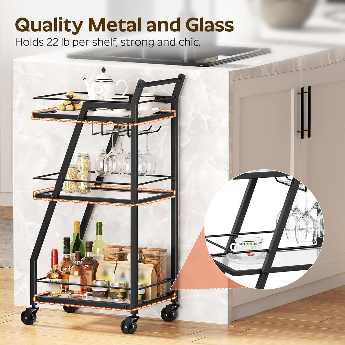 Bar Cart, 3-Tier Bar Cart for The Home, Home Bar Serving Cart with Glass Holders, Beverage Cart for