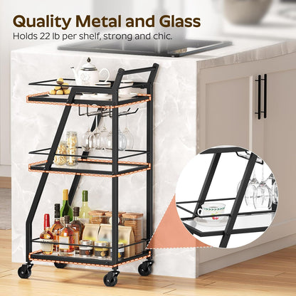 Bar Cart, 3-Tier Bar Cart for The Home, Home Bar Serving Cart with Glass Holders, Beverage Cart for
