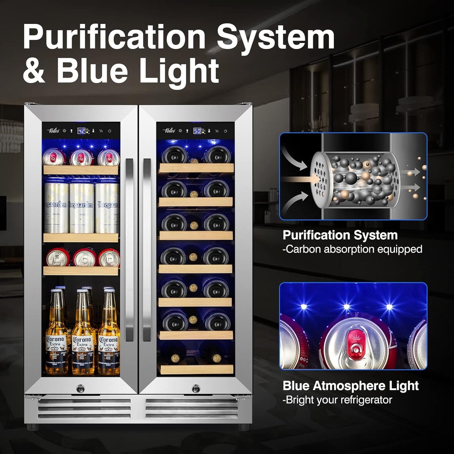 Wine and Beverage Refrigerator Upgraded, 24 Inch Beverage Refrigerator Cooler Dual Zone with Glass