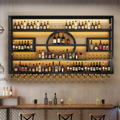 55.1in Wall Mounted Wine Rack, Modern Metal Wine Bottle and Glass Holder, Iron Display Stand