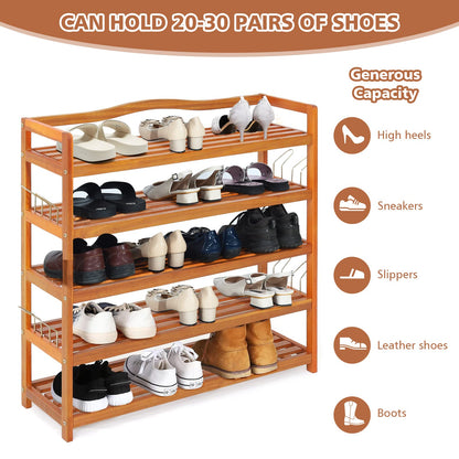 Giantex 5-Tier Shoe Rack, Acacia Wood Shoe Shelf with Side Metal Hooks, Holds up 12-18 Pairs