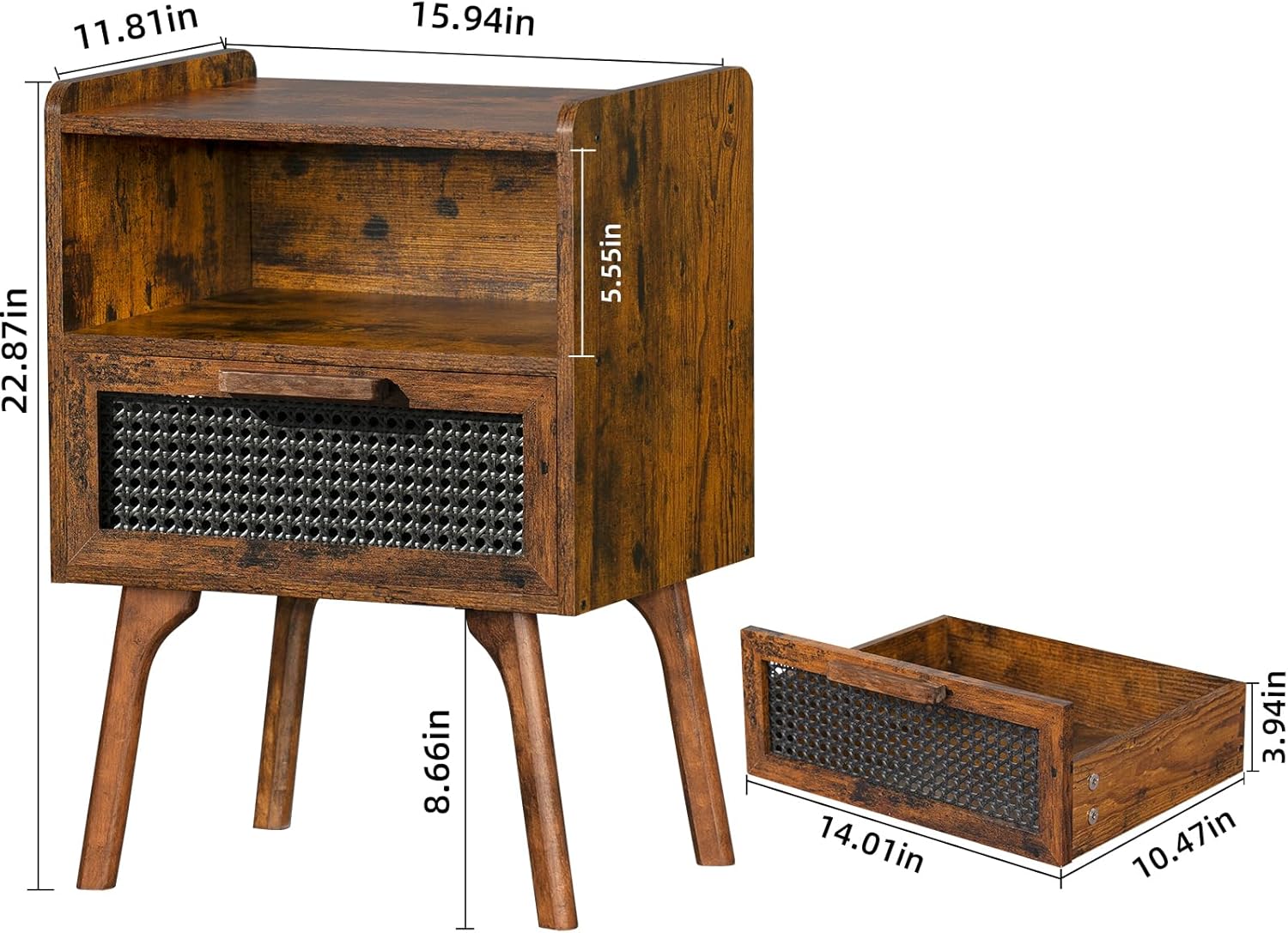 Lerliuo Rattan Nightstand, Boho Side Table with Drawer Open Shelf, Cane Accent Bedside End Table