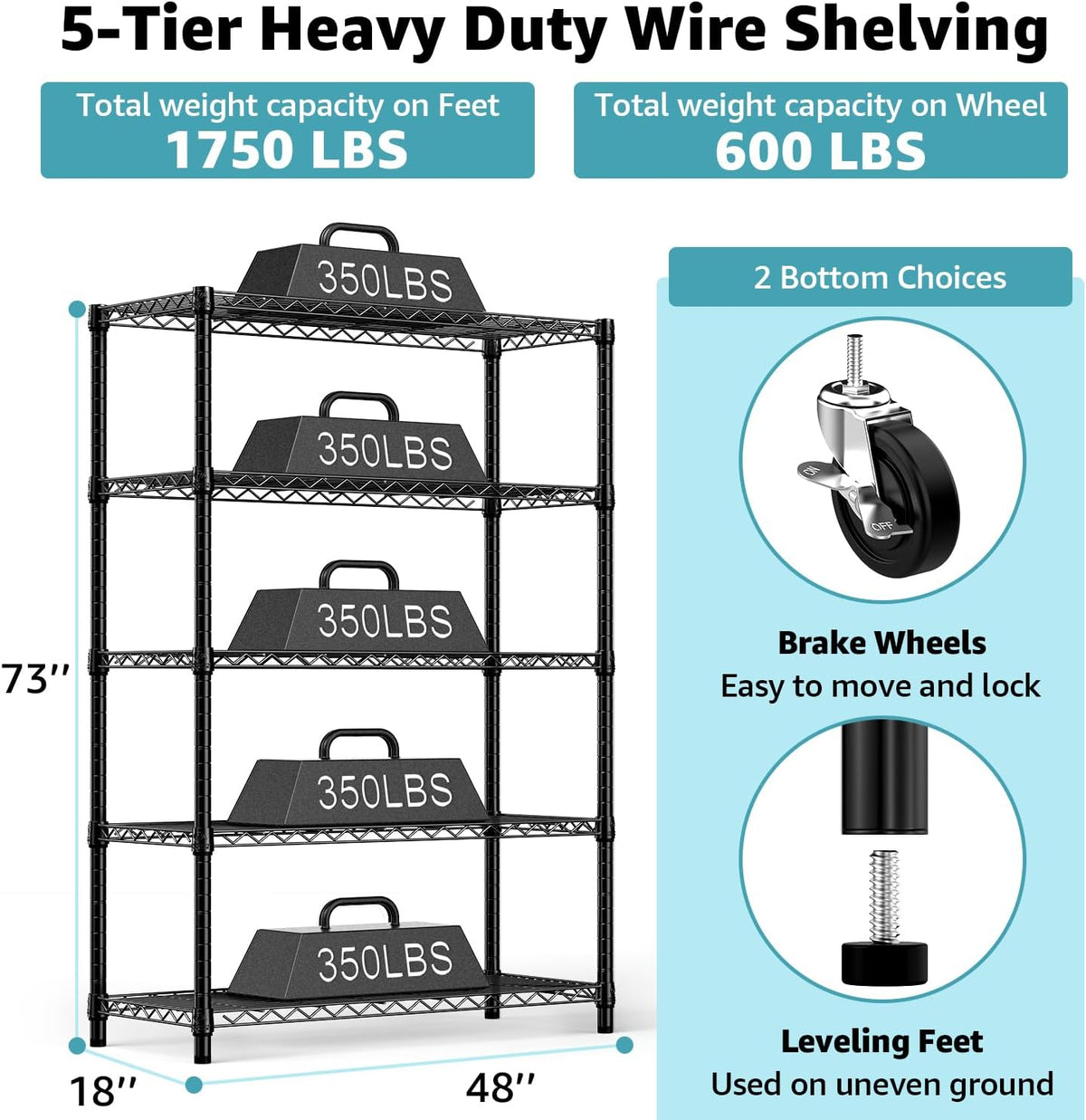 5-Shelf Storage Shelves,Wire Shelving Heavy Duty Metal Storage Shelving Unit Adjustable Garage