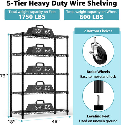 5-Shelf Storage Shelves,Wire Shelving Heavy Duty Metal Storage Shelving Unit Adjustable Garage