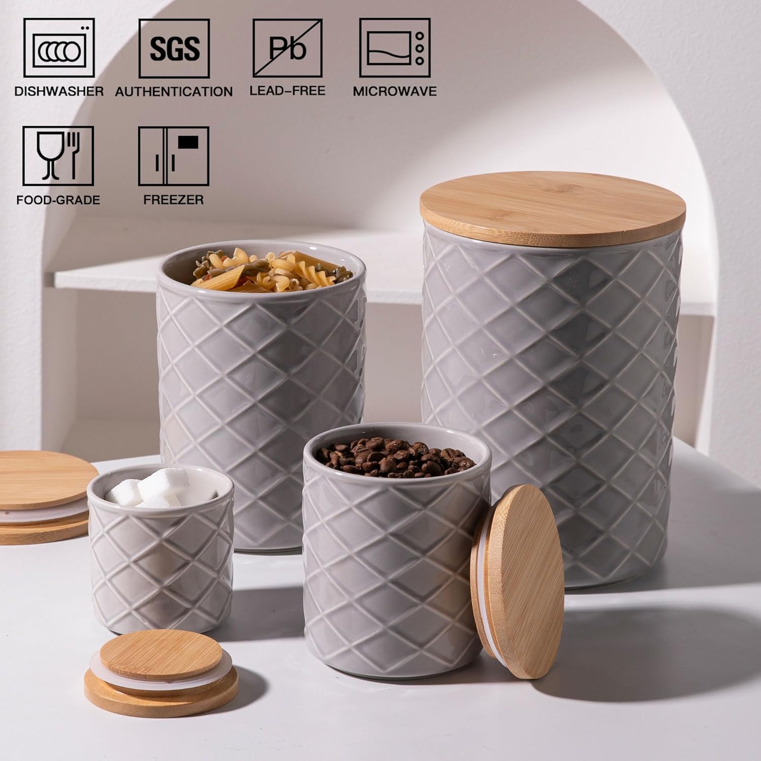 Sweejar Ceramic Canisters Sets for Kitchen Countertop, Relief Food Storage Jar with Bamboo Lid