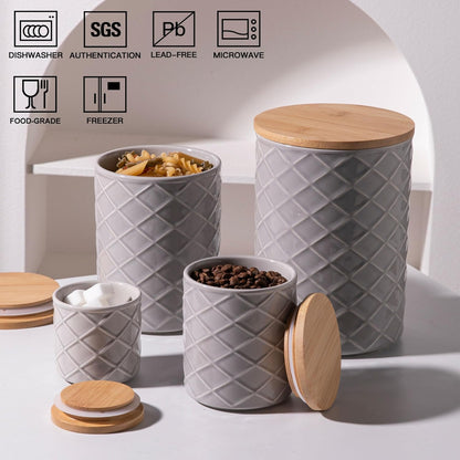 Sweejar Ceramic Canisters Sets for Kitchen Countertop, Relief Food Storage Jar with Bamboo Lid