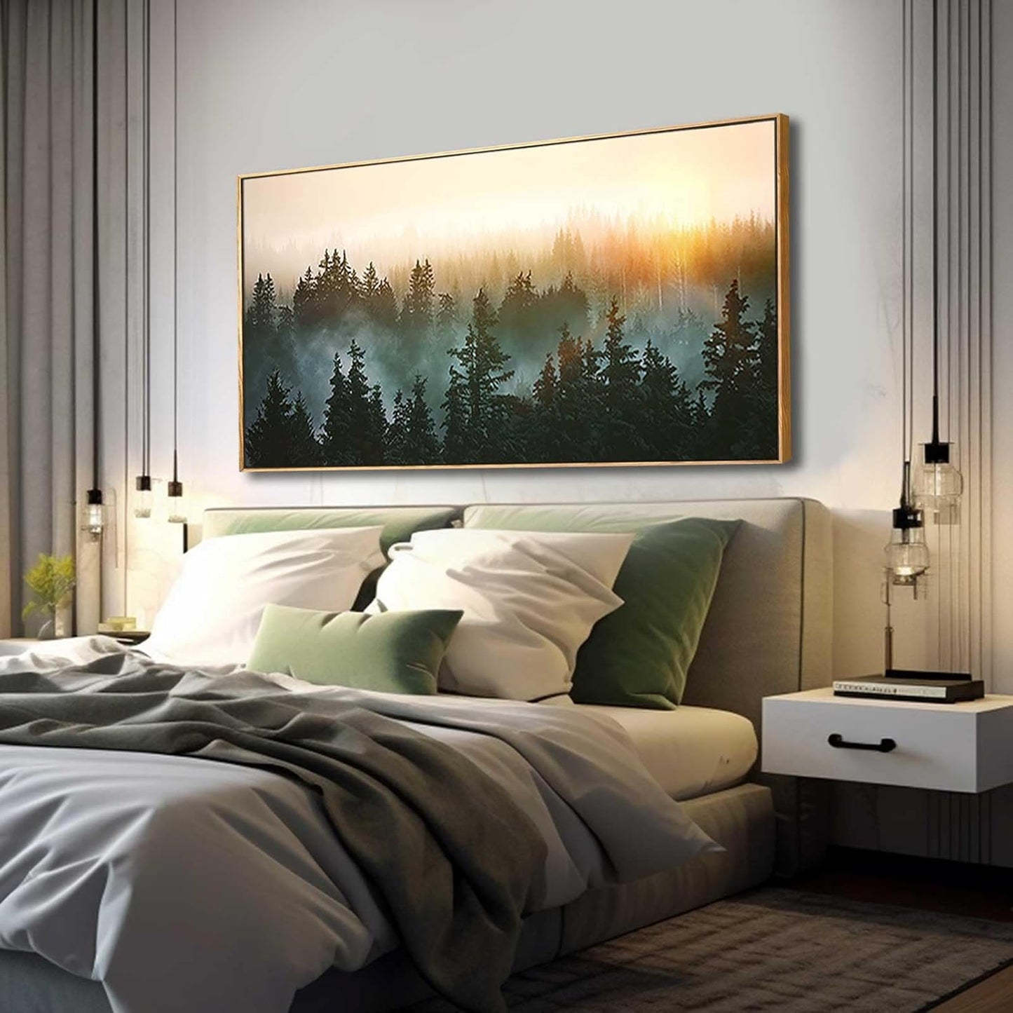 Living Room Wall Art Sunrise Misty Forest 24"x48" Modern Home Wall Decor Plants Wall Decorations