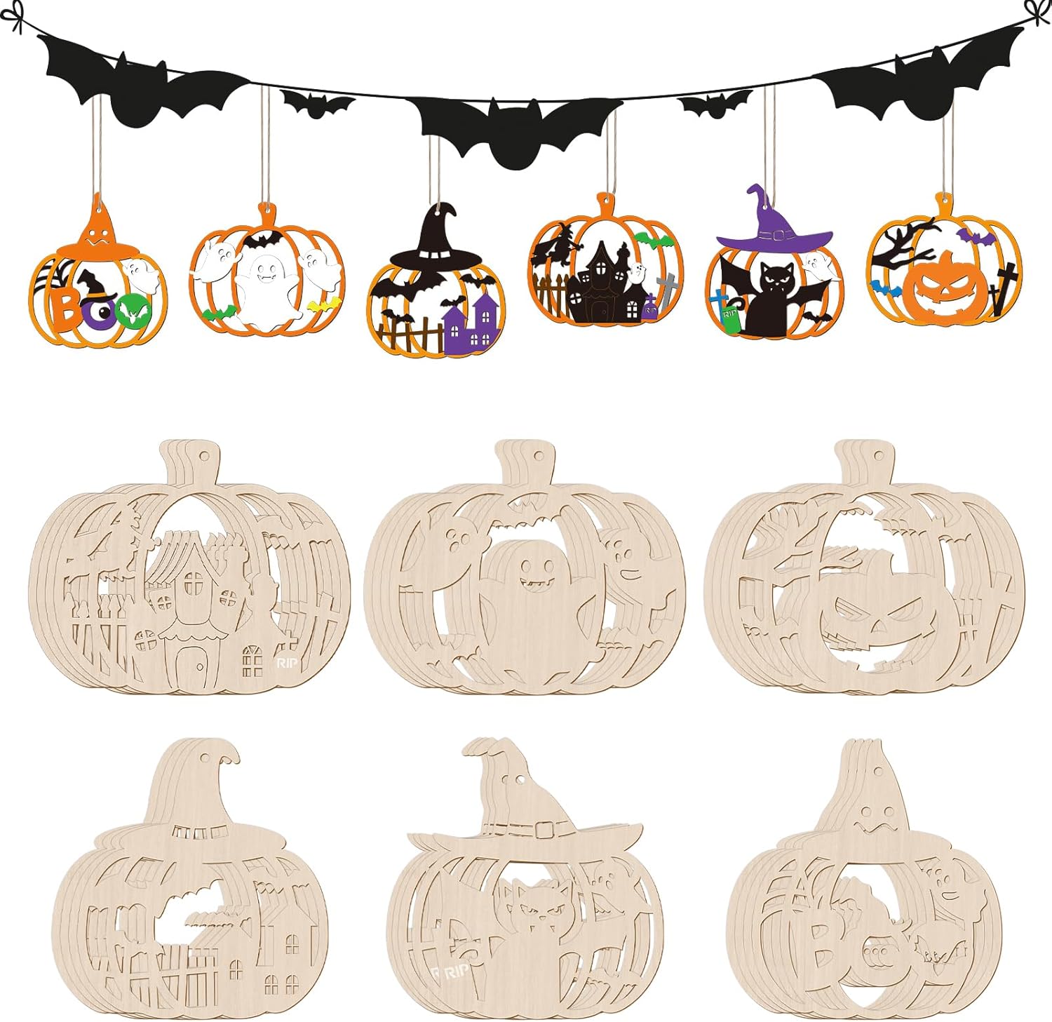 24 PCS Unfinished Wooden Halloween Crafts,Pumpkin Shaped Hanging Ornaments DIY Wood Craft Cutouts
