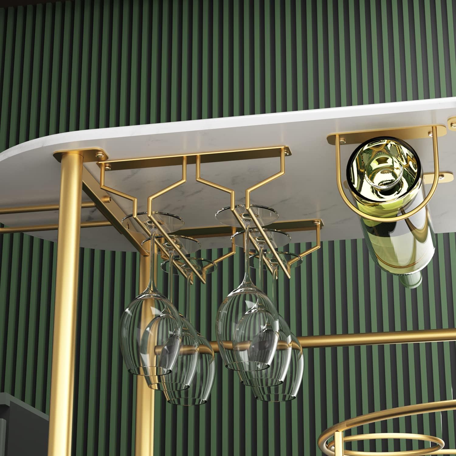 Gold Bar Carts with 4-Tier Storage Shelves, Mobile Bar Serving Cart with Wine Rack and Glass