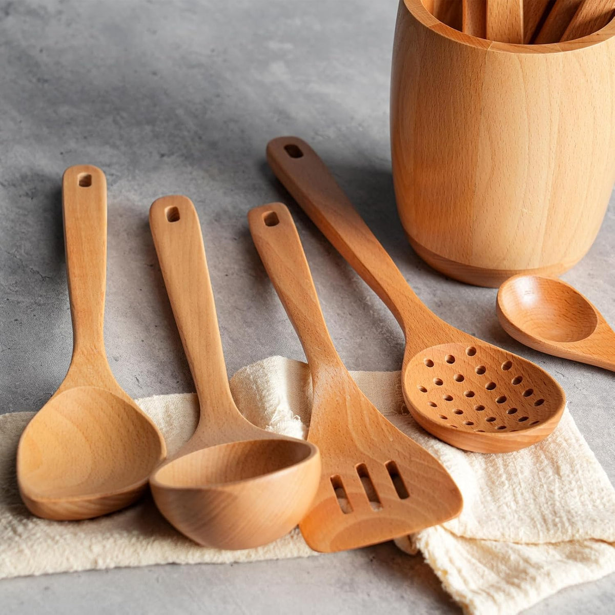 11 PCS WOSPONFAN Kitchen Utensils Set - Wooden Spoons for Cooking, Natural Beech Wood Wooden