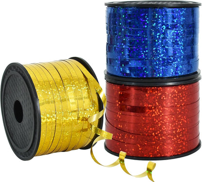 BEISHIDA 3 Pack 100 Yards Red Blue Gold Curling Crimped Glitter Ribbon Balloon String Shiny