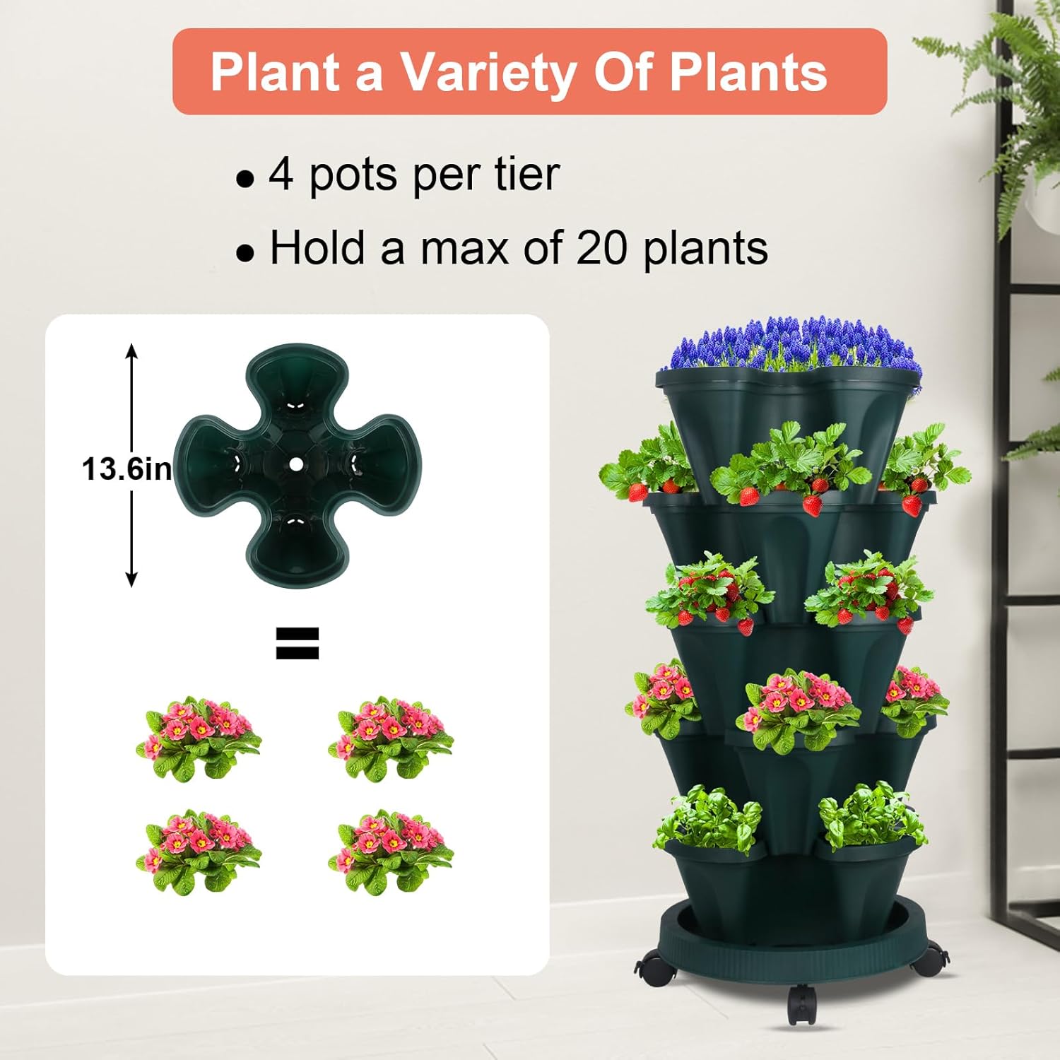 DUNCHATY Stackable Vertical Garden Planter with Wheels, 5 Tier Herb Planter Pots for Growing