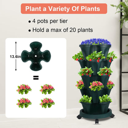 DUNCHATY Stackable Vertical Garden Planter with Wheels, 5 Tier Herb Planter Pots for Growing