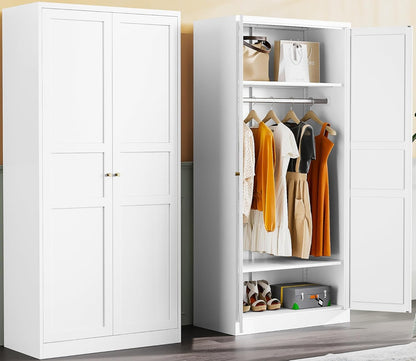 Metal Wardrobe Cabinet with Hanging Rod,White Armoire Wardrobe Closet,Metal Clothing Storage