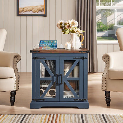 24" End Table with Charging Station, Farmhouse Night Stand with Glass Barn Door, White Nightstands