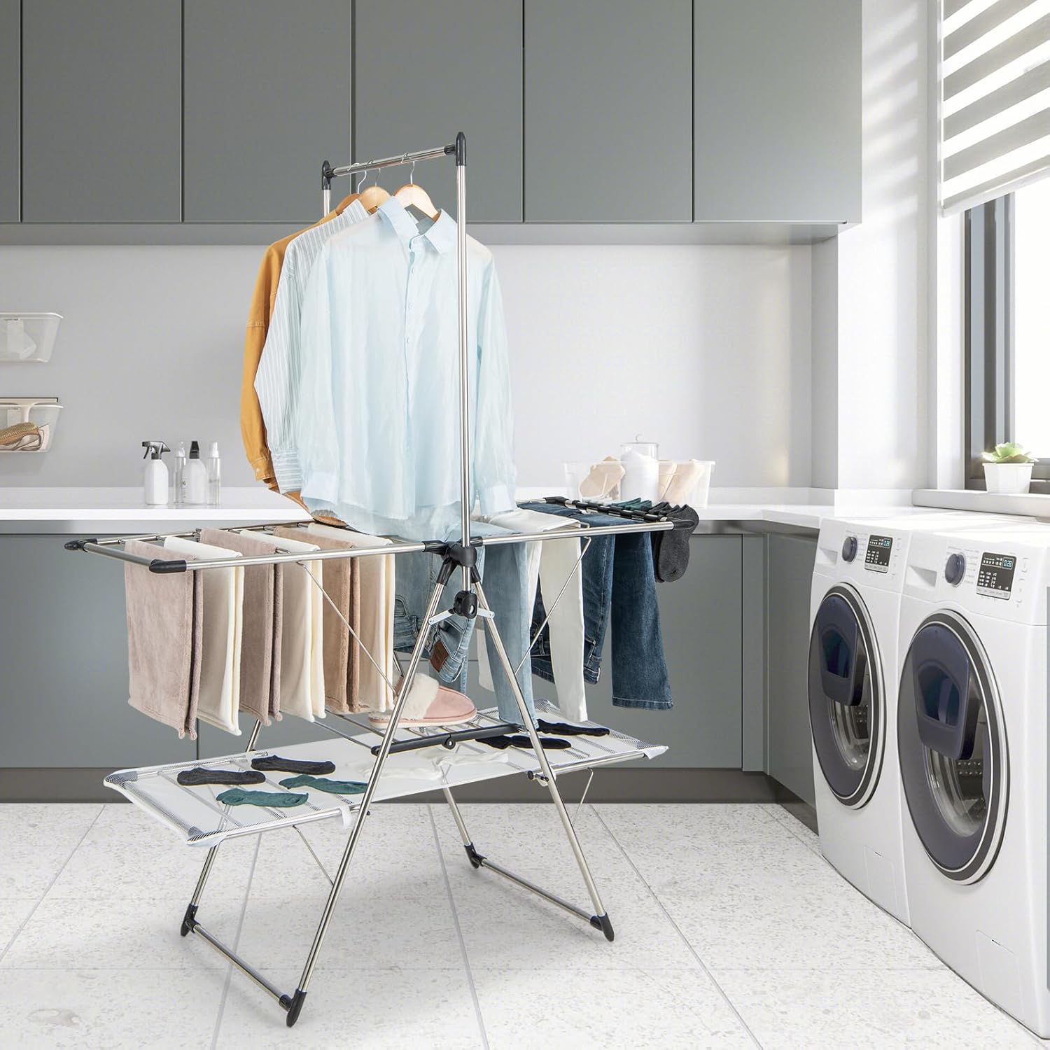 Tangkula Foldable Clothes Drying Rack, 2-Tier Laundry Drying Rack w/Tall Hanging Bar, Height