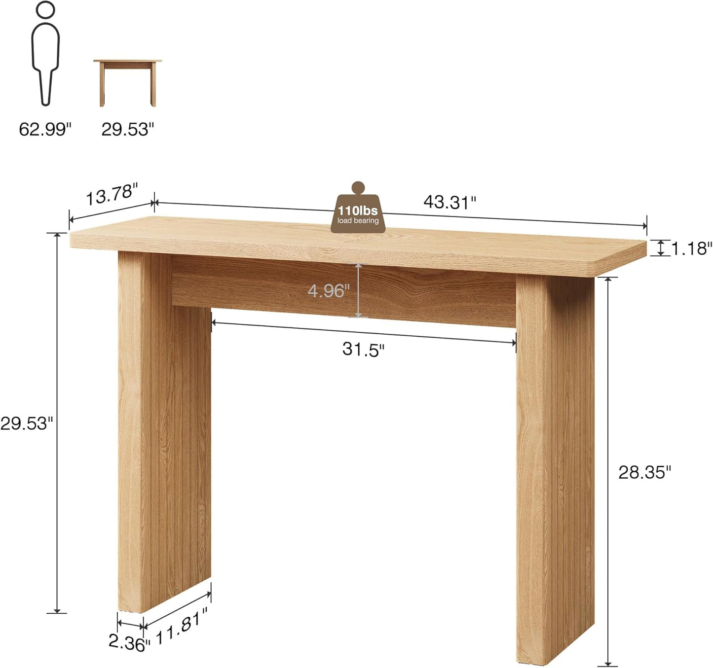 AVZEAR 43.3" Mid Century Narrow Entryway Console Table, Modern Fluted Wood Couch Table Behind Sofa
