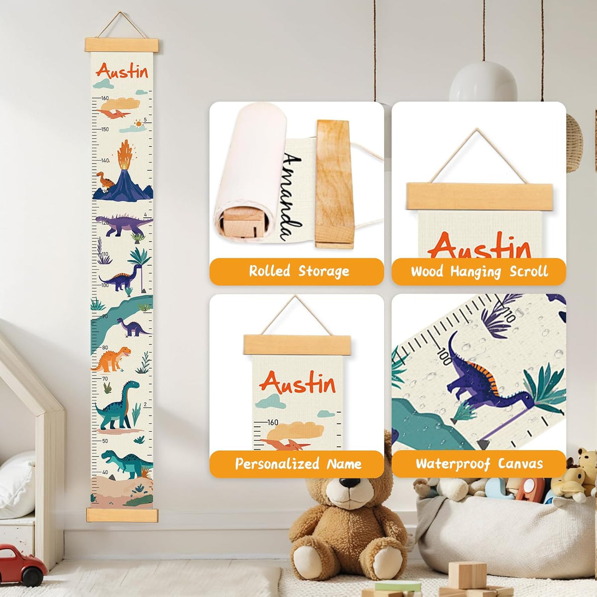 Personalized Name Growth Chart Wall Decor for Kids – Canvas Removable Height Chart Measuring Ruler