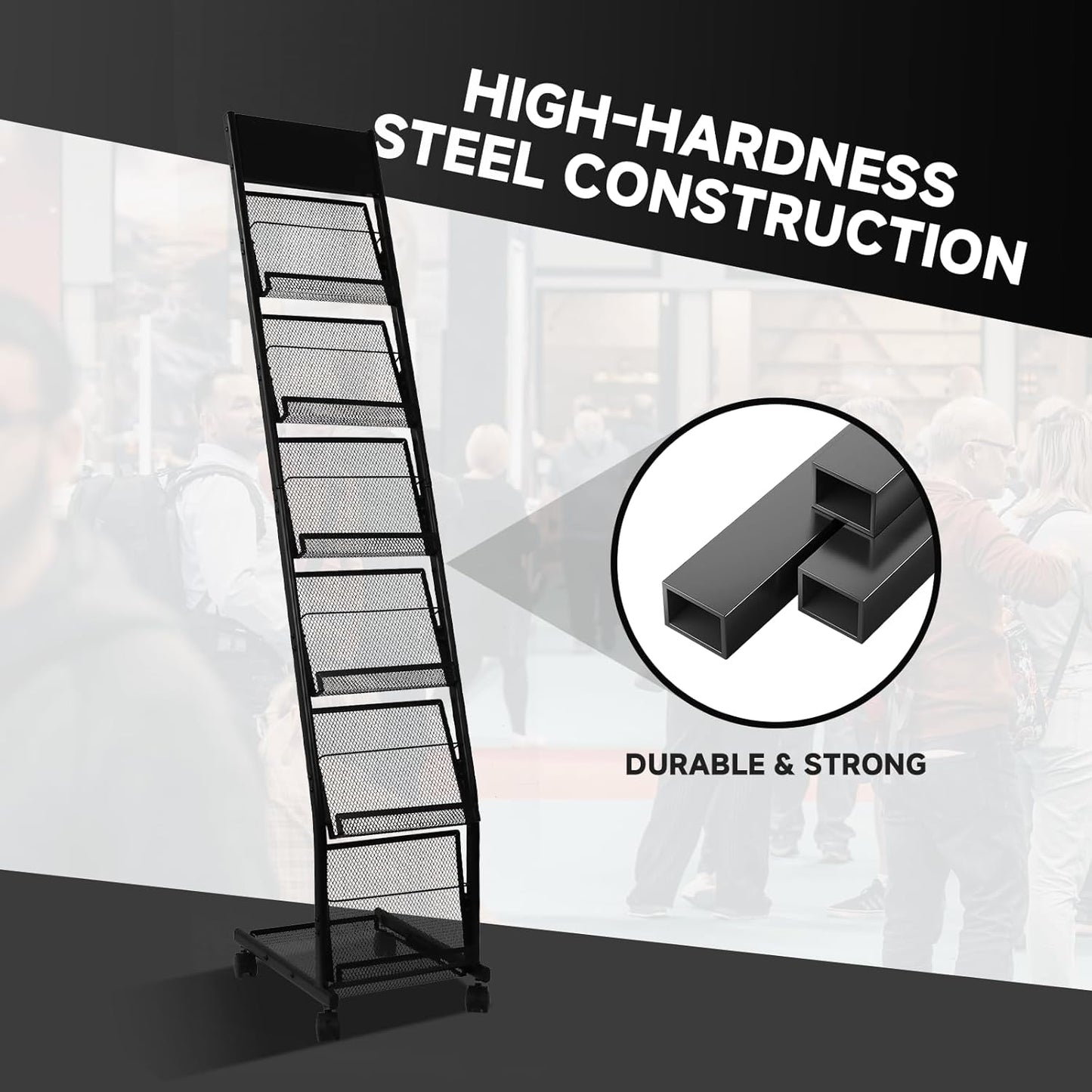Floor-Standing Magazine Rack 6-Layer with Wheels, Brochure Display Stand for Exhibitions, Office