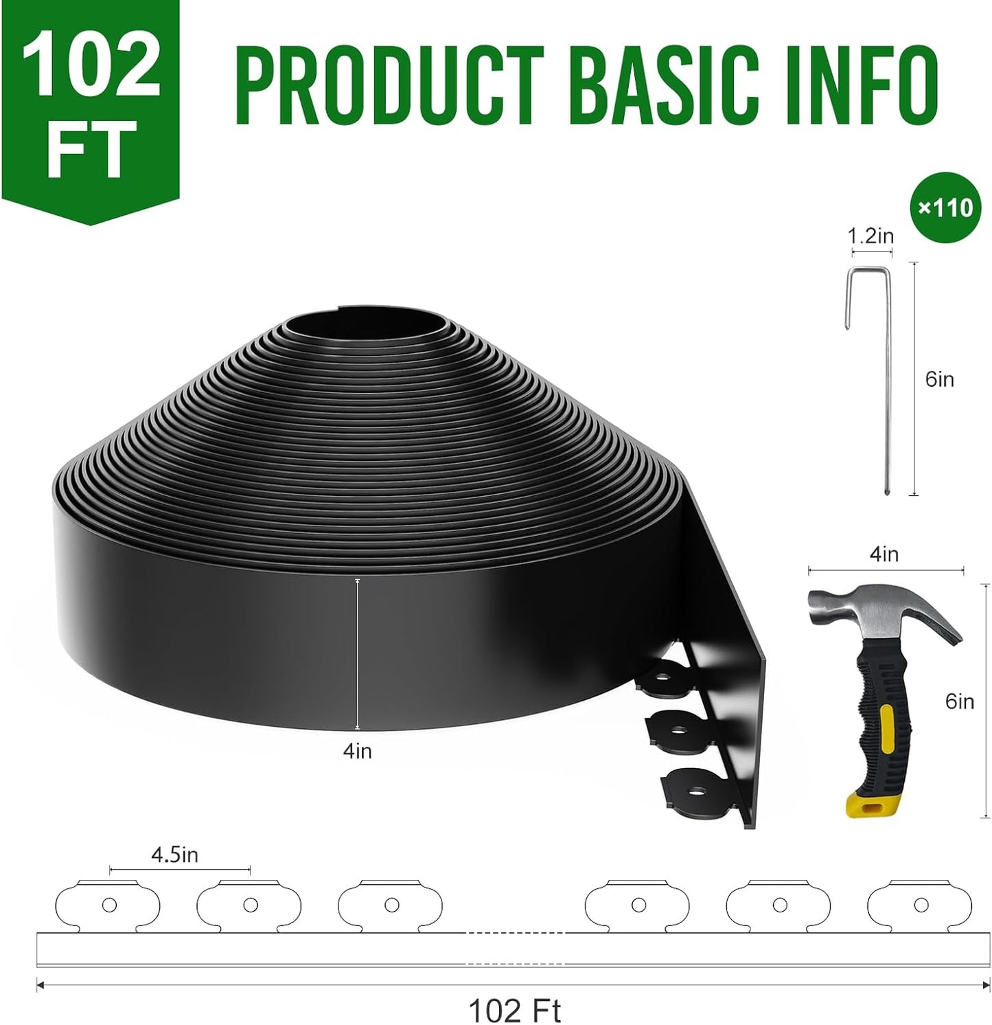 4 Inch Tall 102FT Landscape Edging with 110Pcs Metal Spikes, Plastic Garden Edging Border Landscape