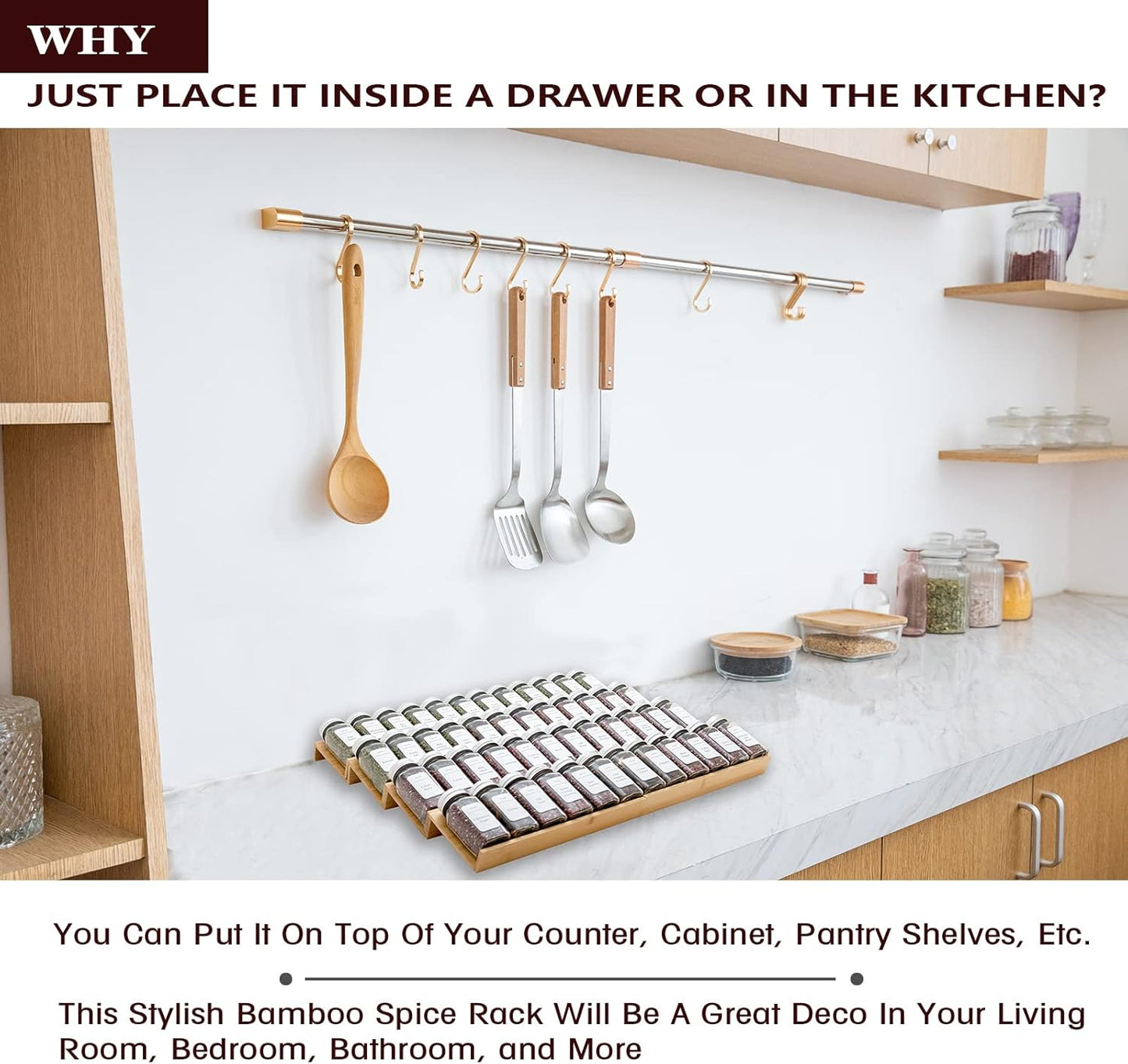 Bamboo Spice Rack Drawer Organizer - 8 Pieces Set- 11" Wide Per Piece - Combine Pieces Into 22"