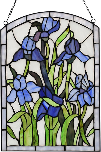 YOURANJU Iris Stained Glass Window Hanging 16" H x 11" W Tiffany Style Blue Rectangular Window