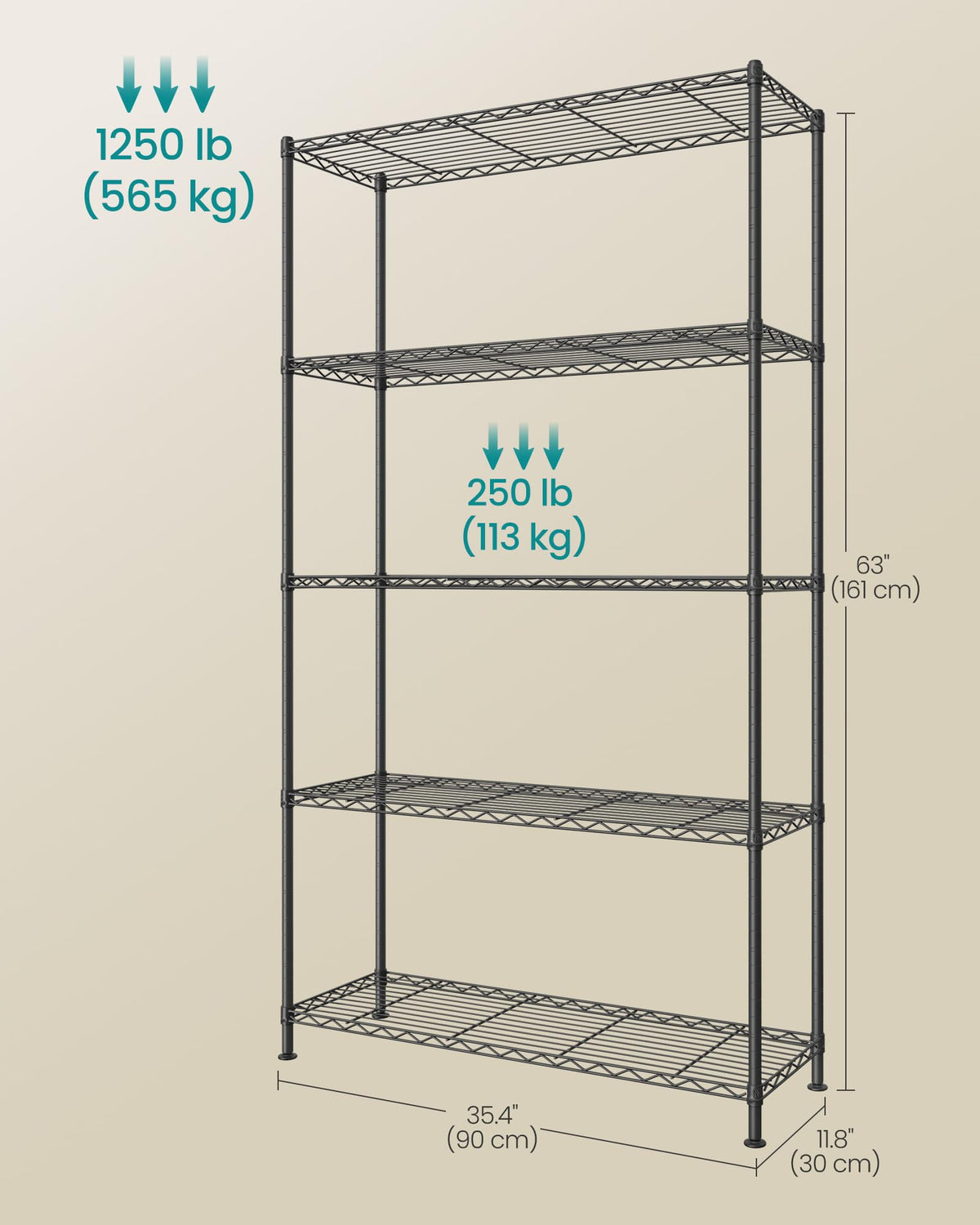 SONGMICS Storage Shelf, Metal Wire Shelving Unit, 5 Tier, Ink Black