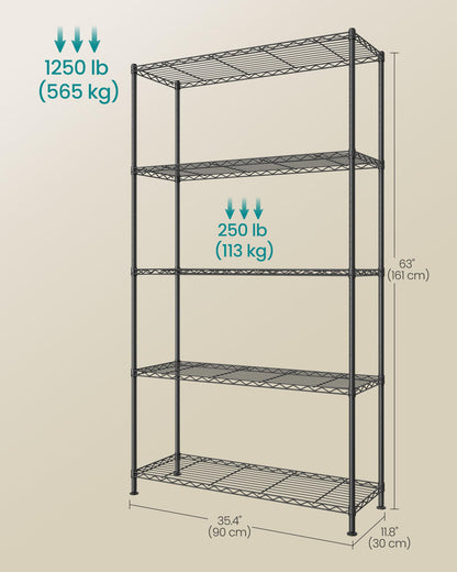 SONGMICS Storage Shelf, Metal Wire Shelving Unit, 5 Tier, Ink Black